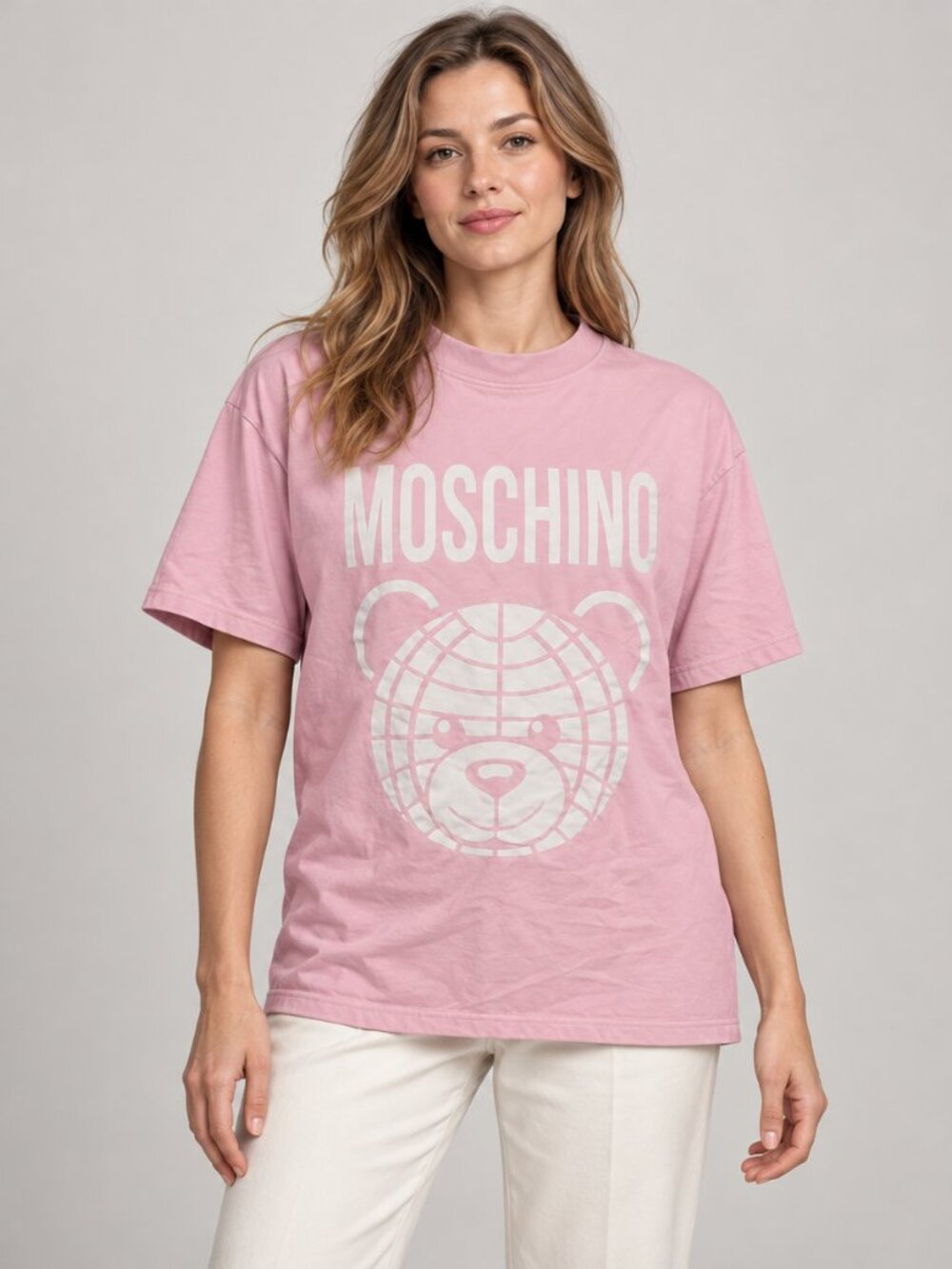 Moschino Light Pink Teddy Globe Logo Tee